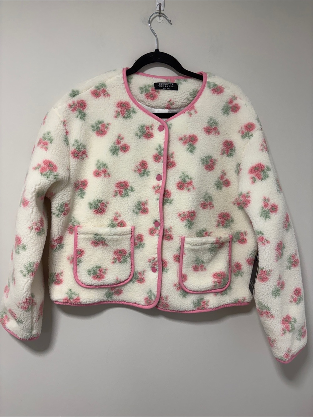 NWT Brunette The Label Cream Teddy Jacket with Pink Floral Pattern